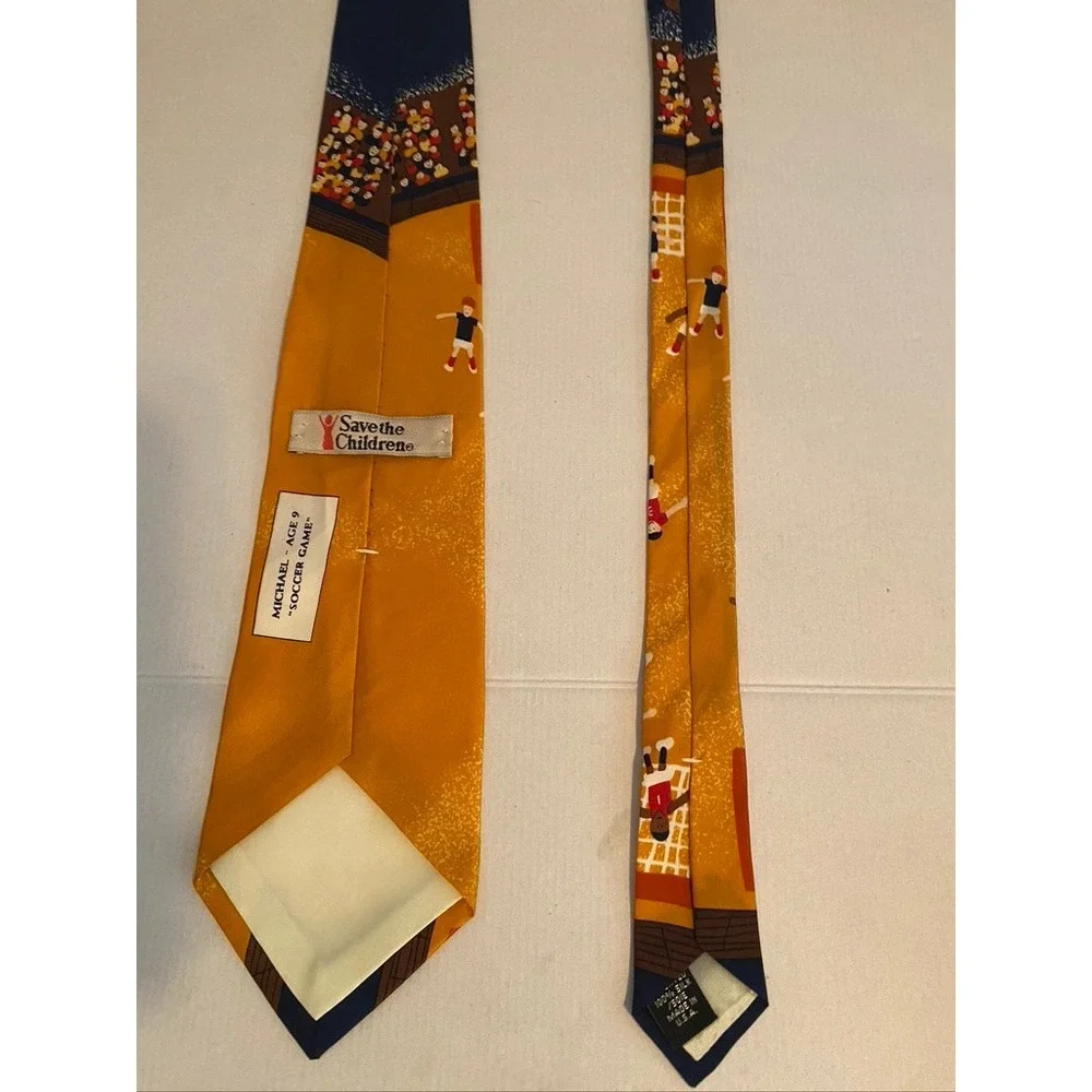 Save the Children Mens Silk Tie Soccer Game Yellow Novelty Sports Made in USA